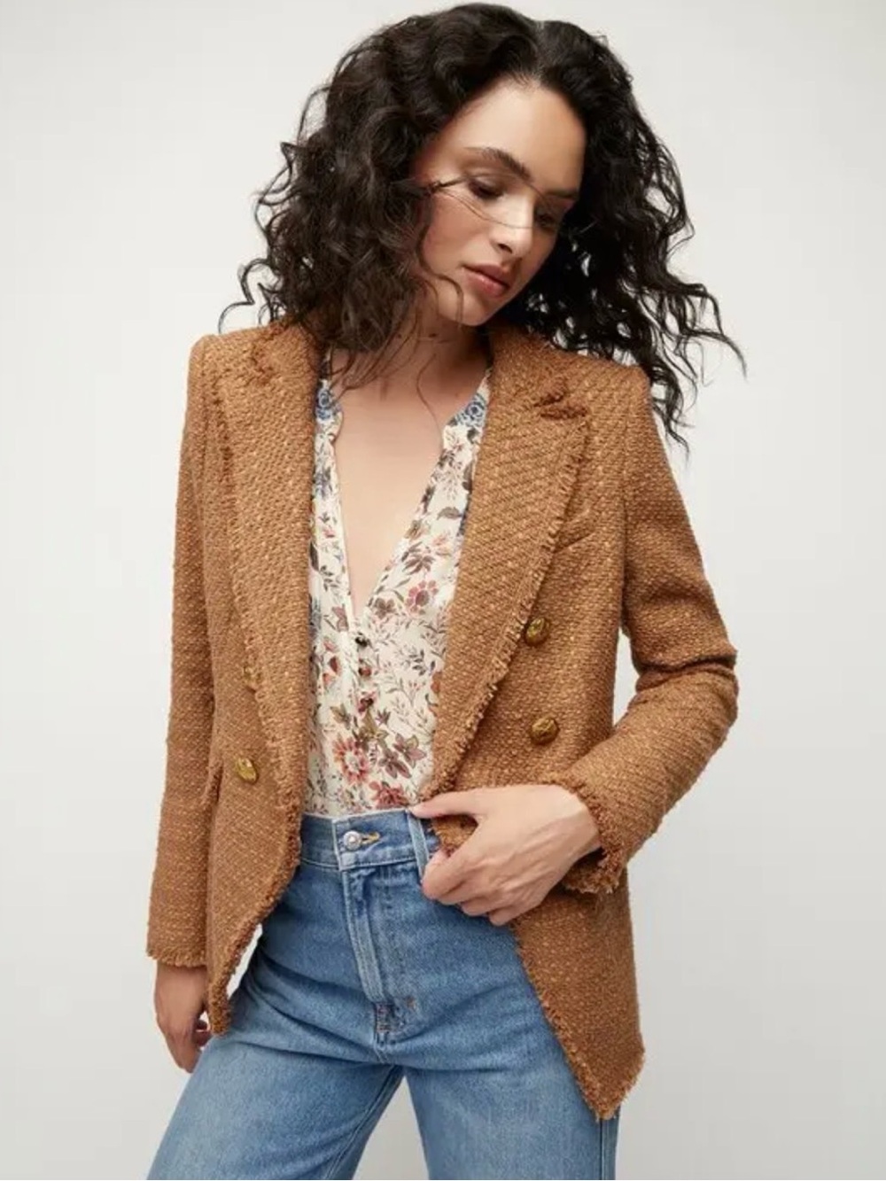 Veronica Beard Miller Tweed Dickey Jacket Blazer Camel